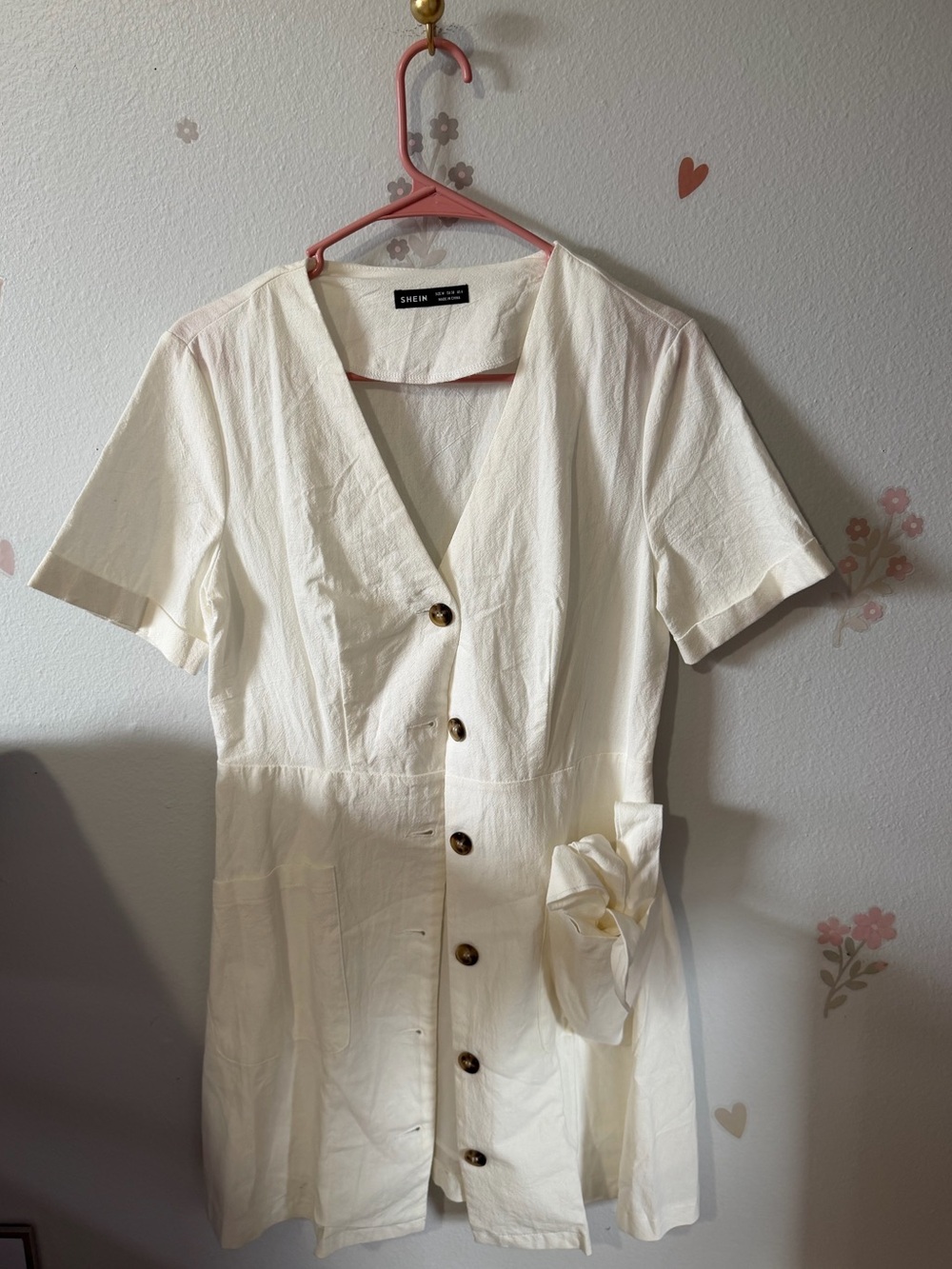 SHEIN Cream Short Sleeve Button-Front Mini Dress with Waist Bow